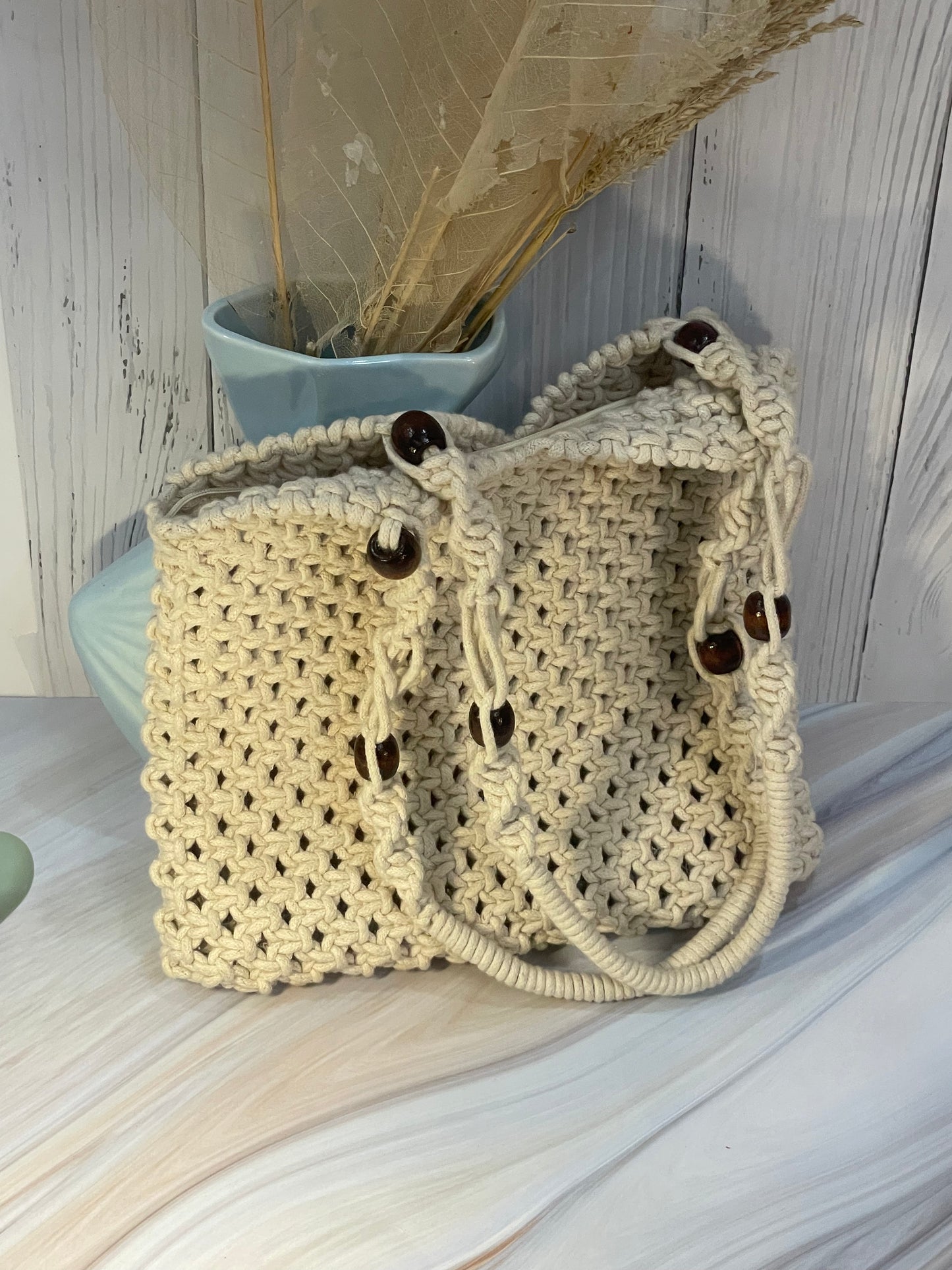 White Macrame Shoulder Bag with Beaded Slings