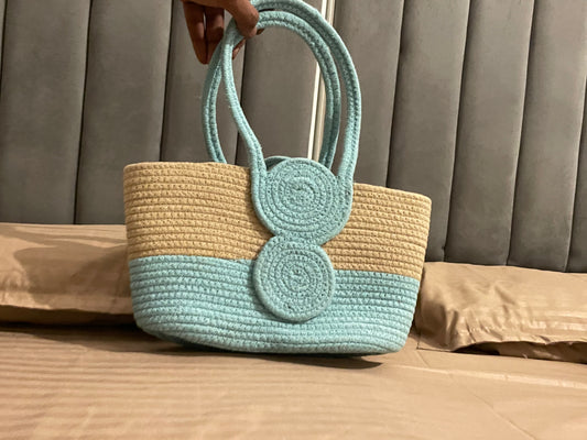 Aqua Beige Striped Outdoors Bag with Bead Lock