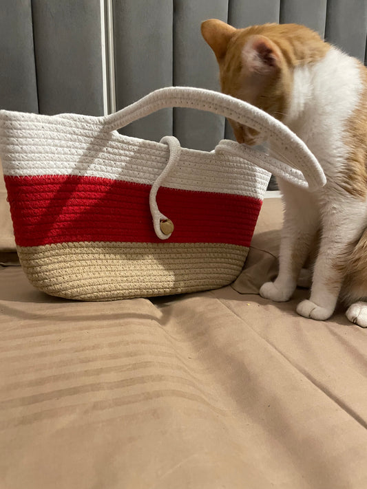 Red White Beige Striped Outdoors Bag with Bead Lock