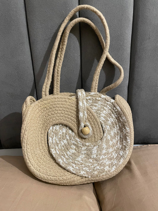 Beige and White Sea-Shell styled Rope Bag with Sling