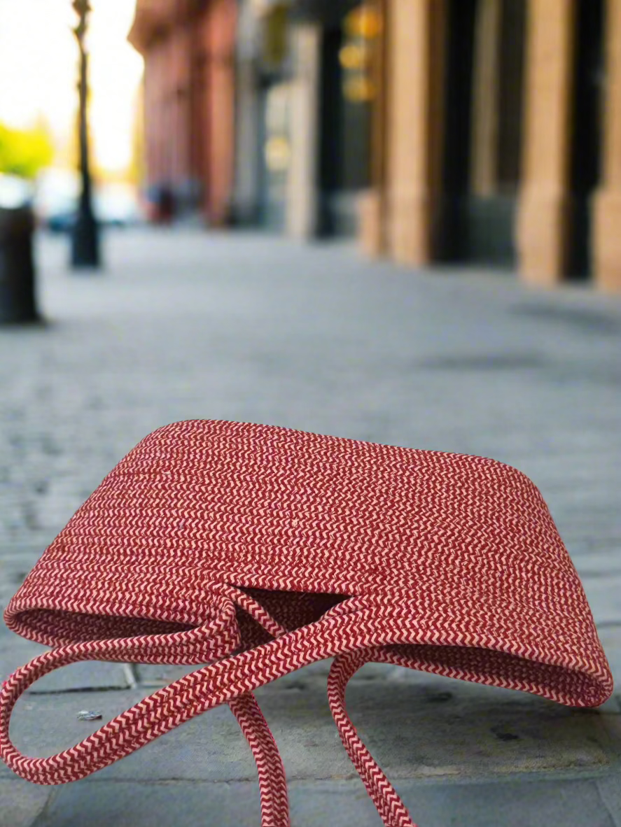 Red Cotton Bag with Bead Lock by Yubi Sora