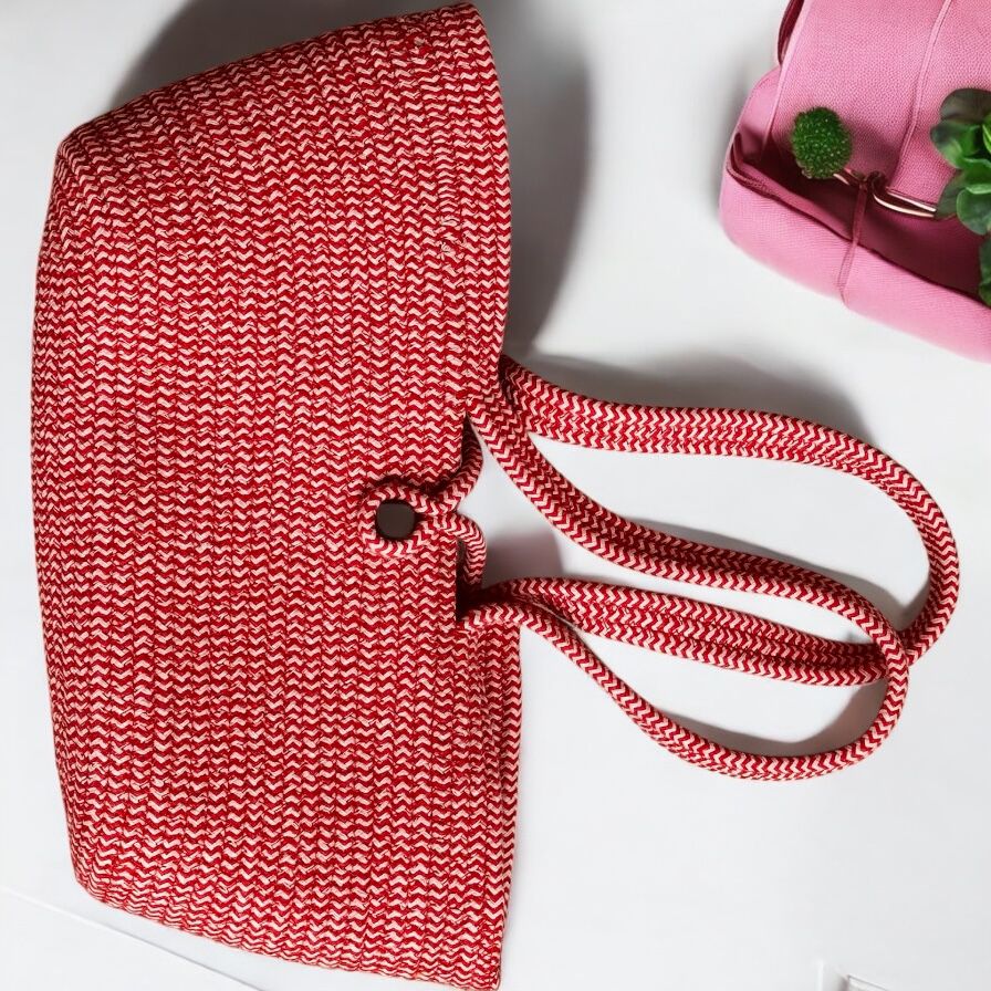 Red Cotton Bag with Bead Lock by Yubi Sora