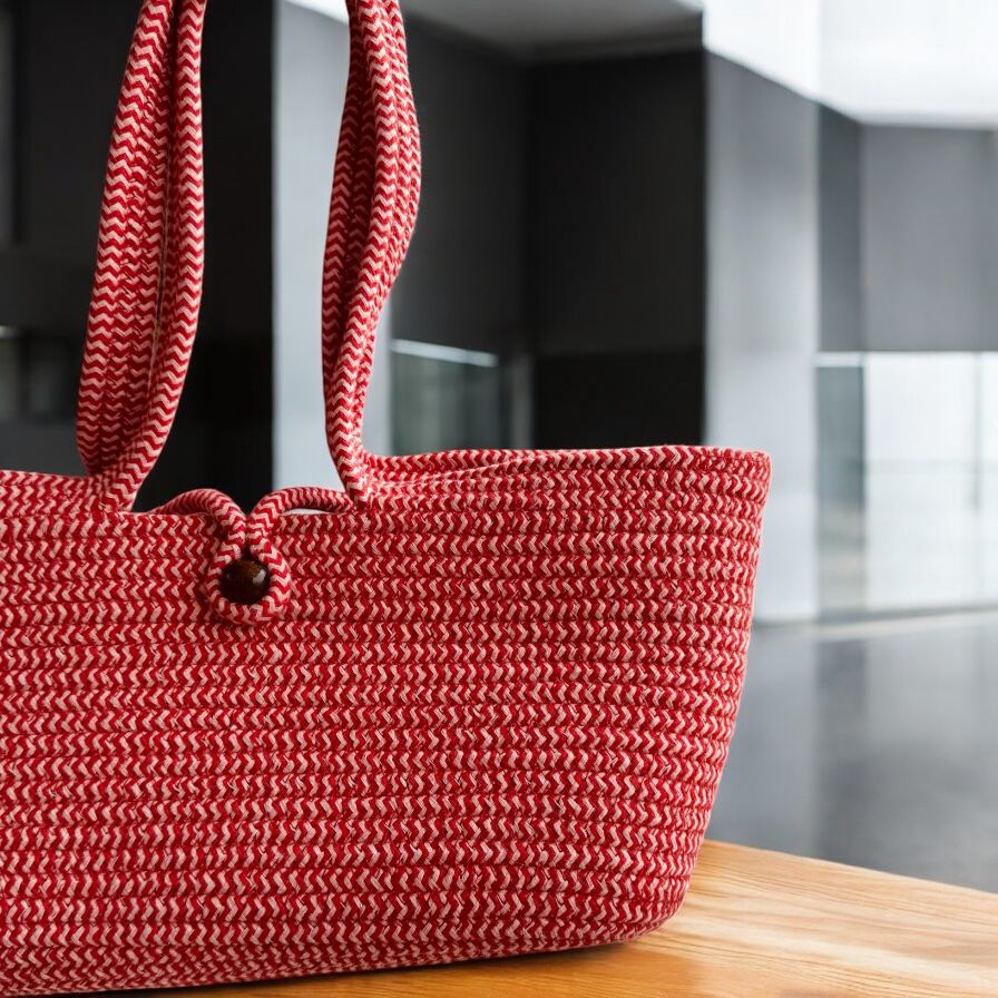 Red Cotton Bag with Bead Lock by Yubi Sora