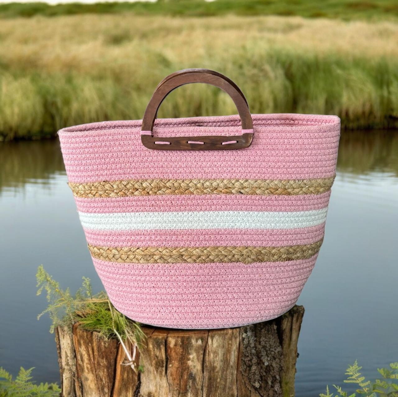 Pink Jute Bag with Wooden Handle