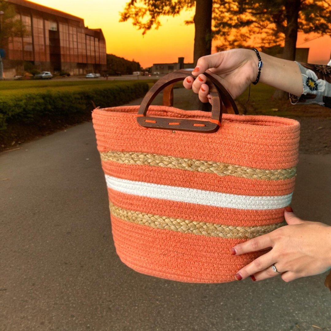 Orange Jute Bag with Wooden Handle
