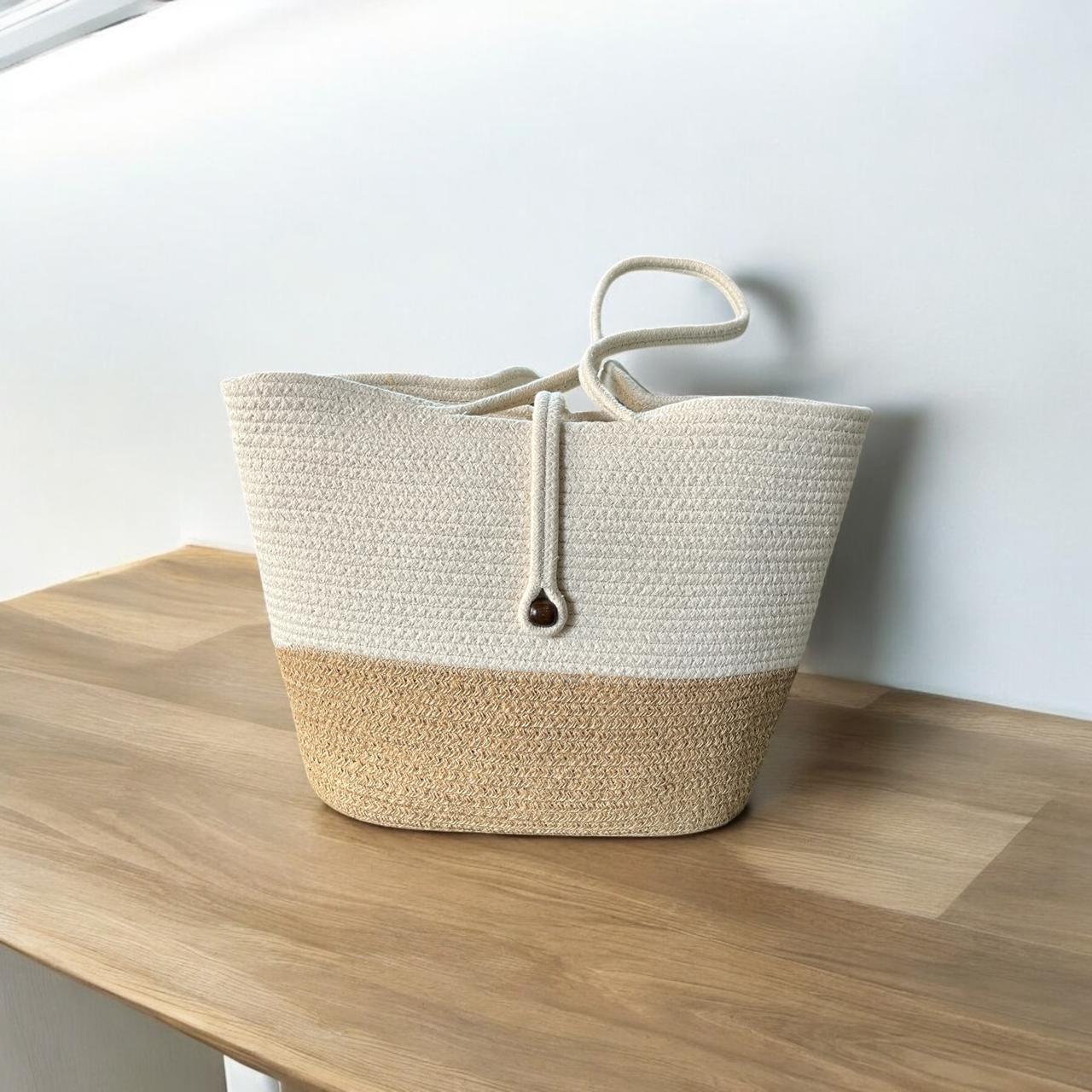 Beige Off White Cotton Bag with Bead Lock by Yubi Sora