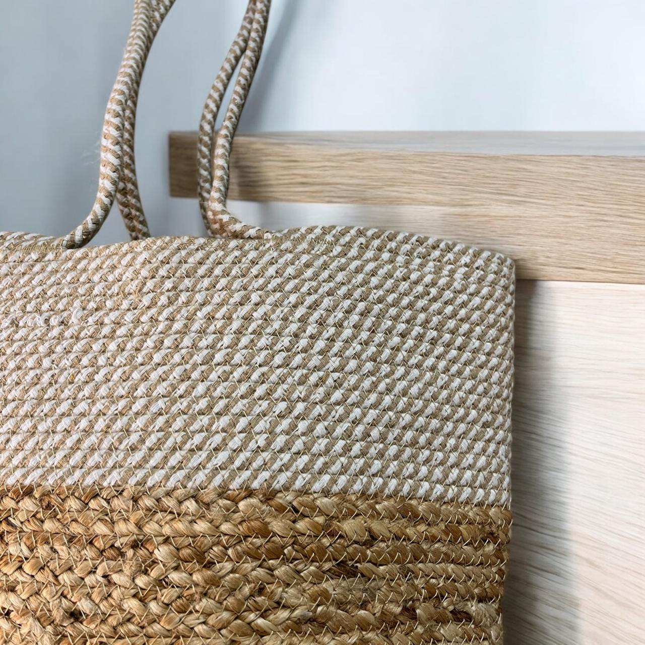 Beige Cotton Jute Bag with Handle by Yubi Sora