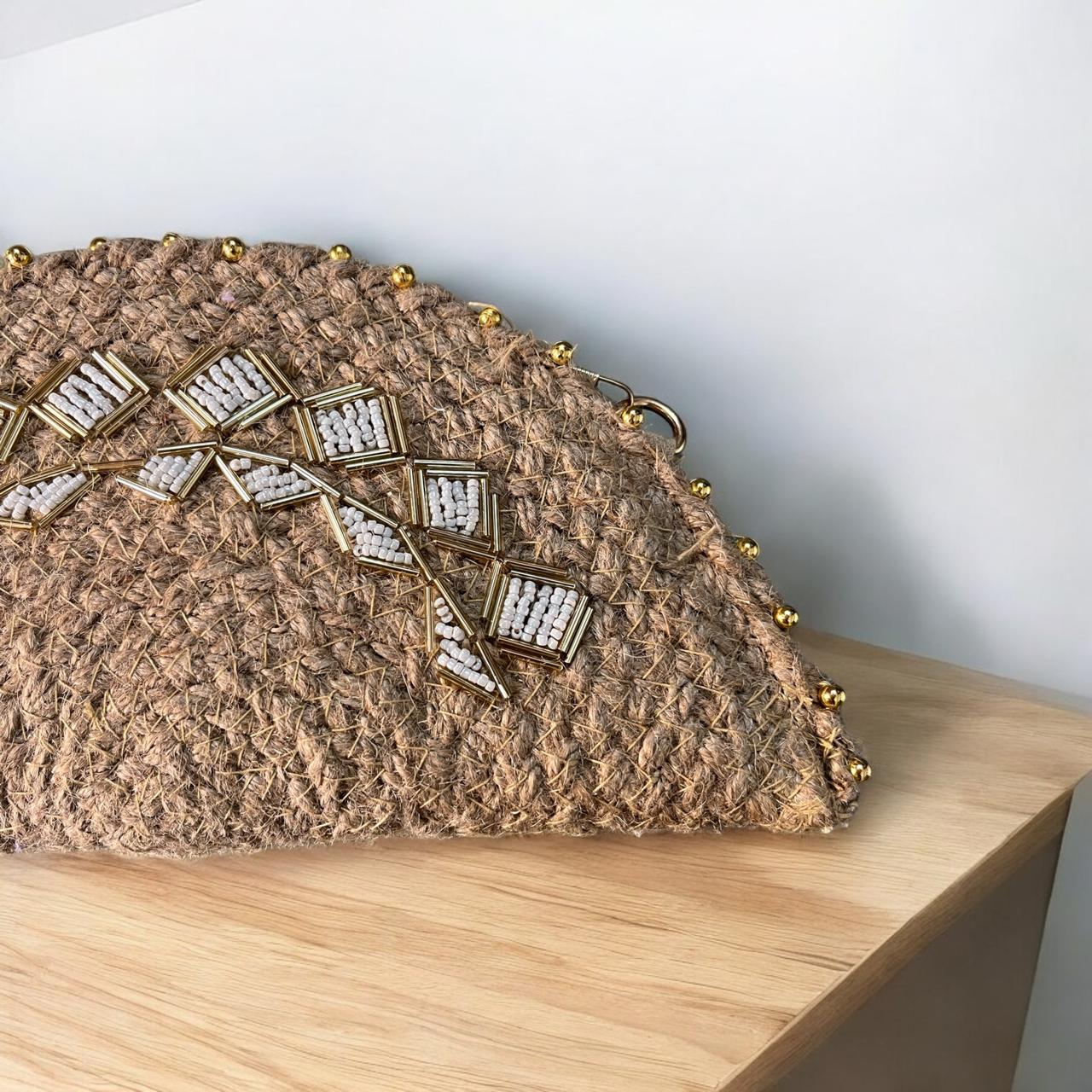Dot Styled Jute Sling Clutch Bag Beige