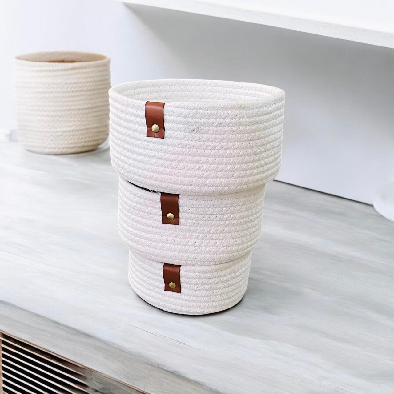 Yubi Sora Cotton Basket with Leather Tag Set of Three