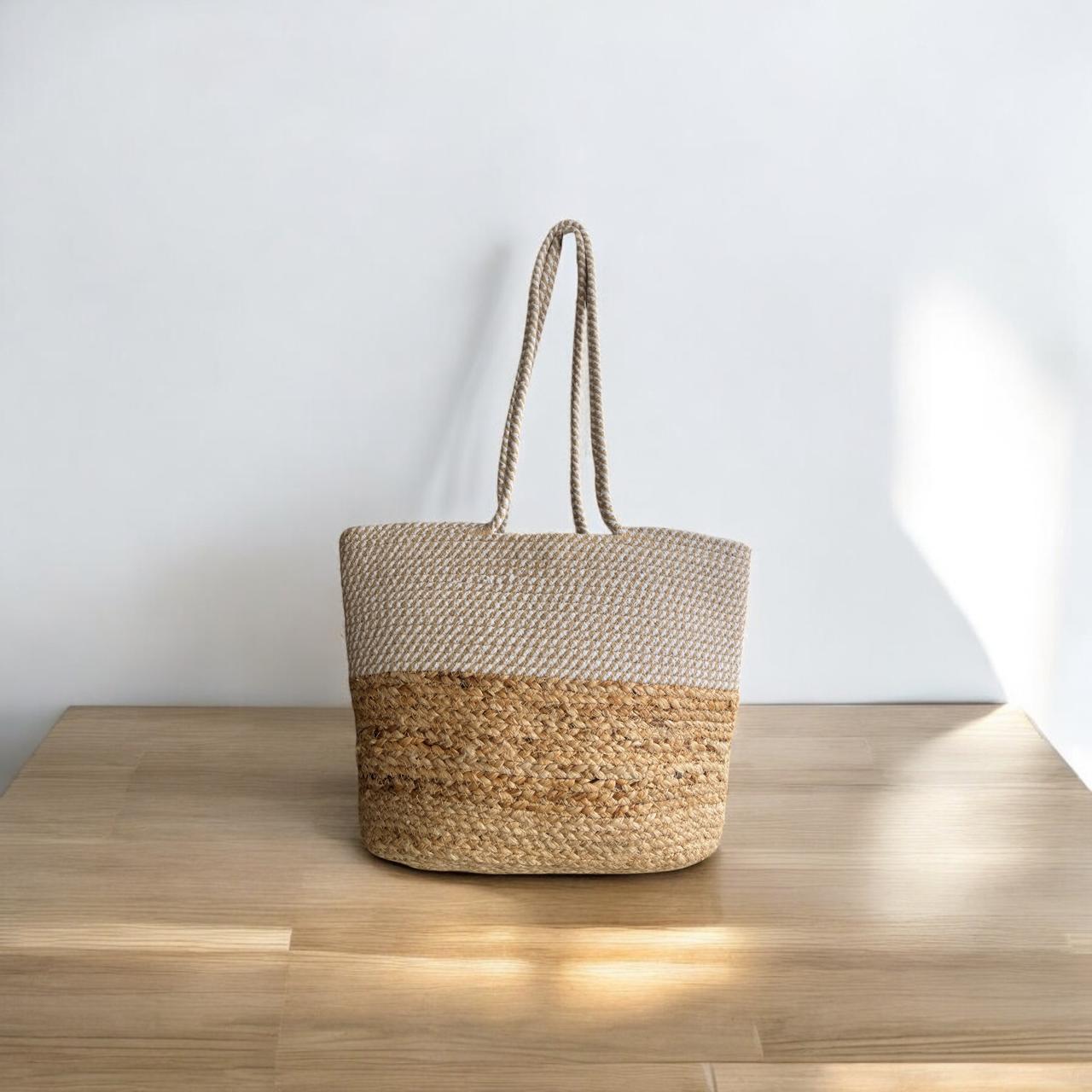 Beige Cotton Jute Bag with Handle by Yubi Sora