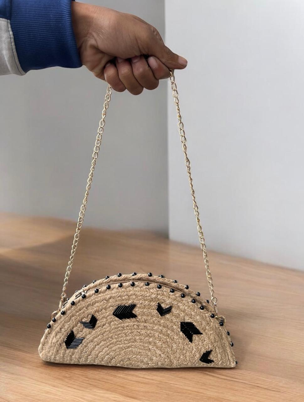 Black Motifs Jute Sling Clutch Bag Beige