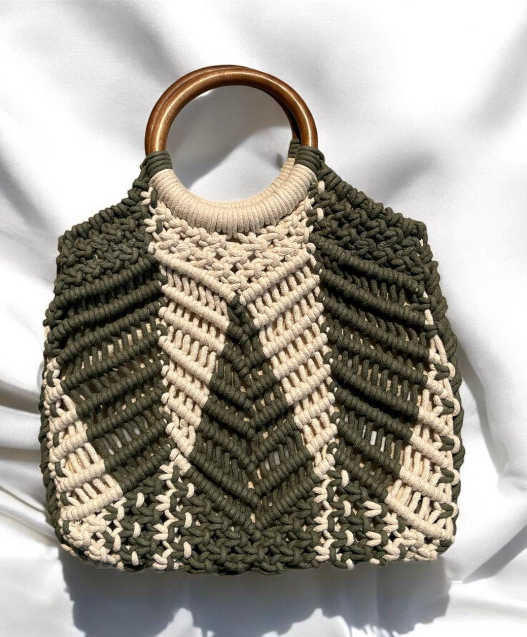 Green white Macrame Bag With Wooden Handle