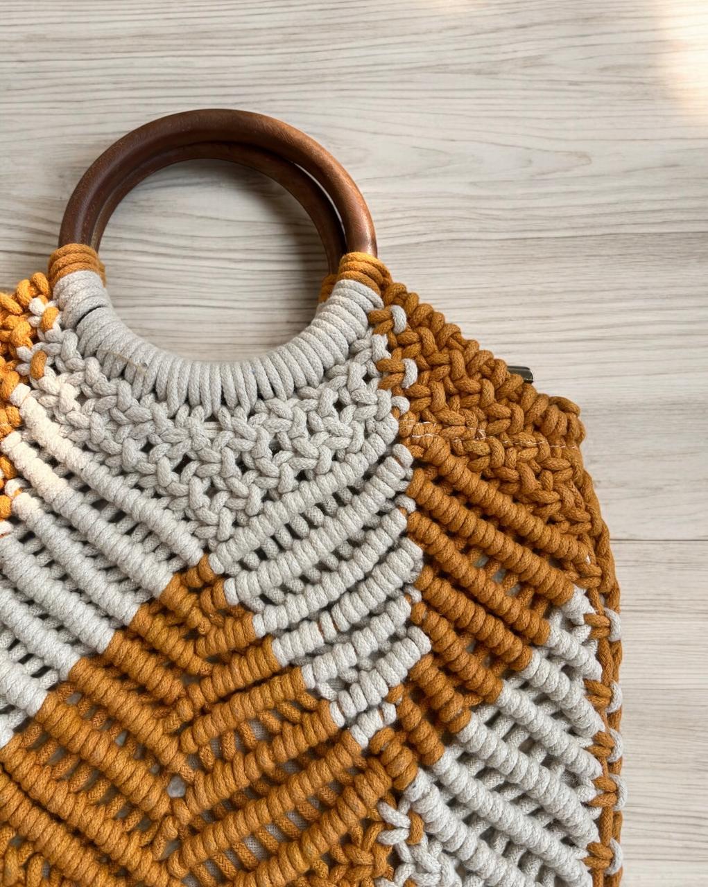 Macrame Bag Yellow With Wooden Handle