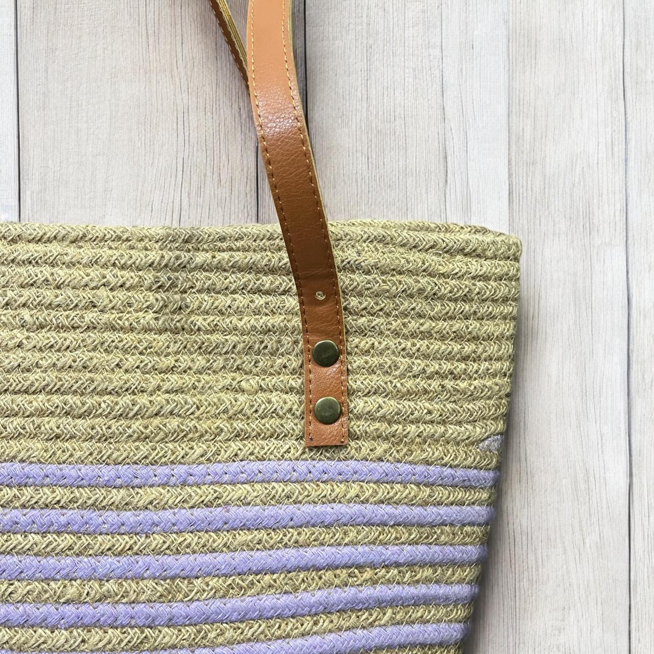 Striped Cotton Jute Bag with Leather handle by Yubi Sora