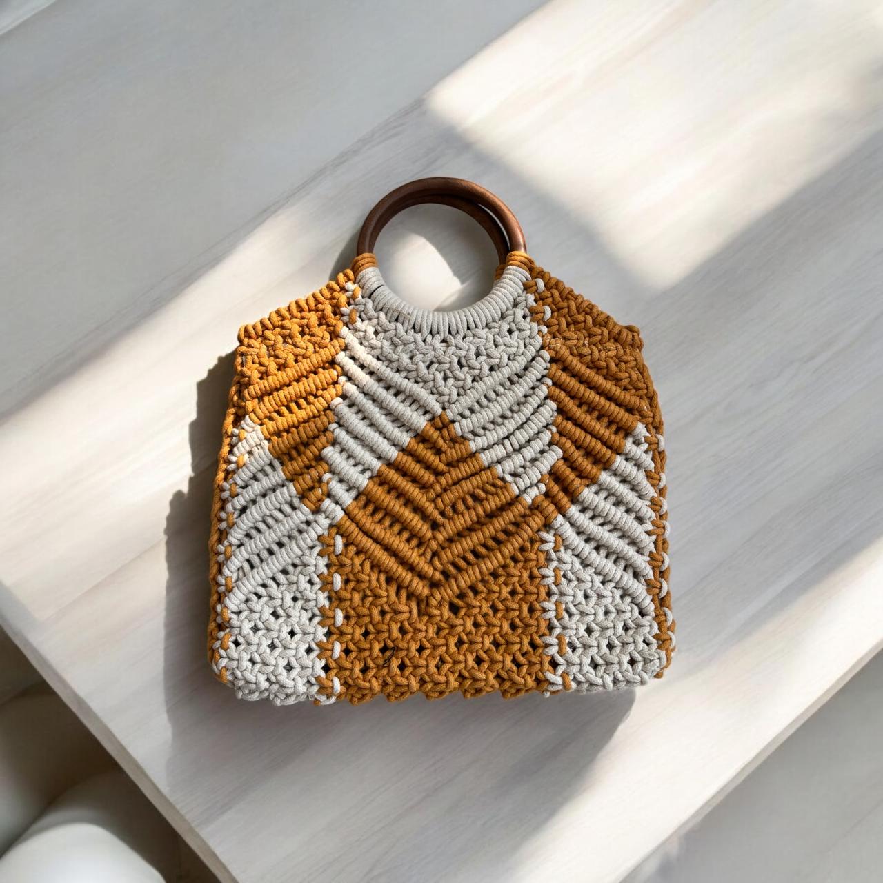Macrame Bag Yellow With Wooden Handle