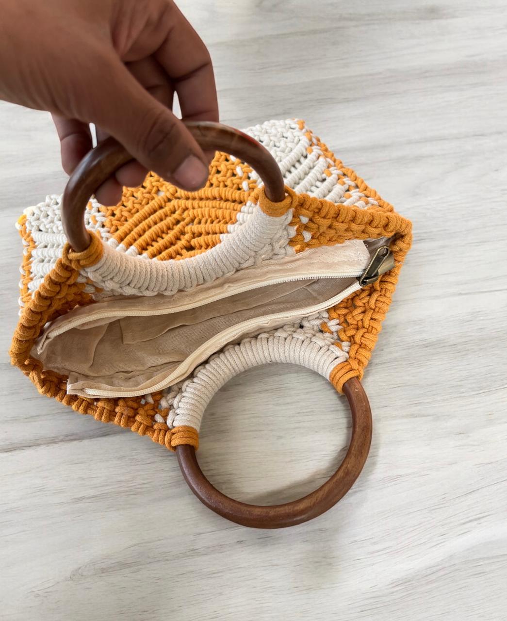 Macrame Bag Yellow With Wooden Handle