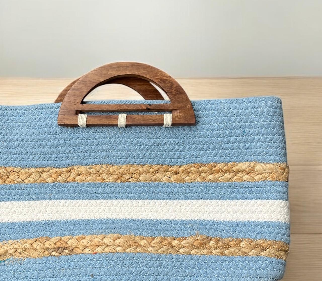 Light Blue Jute Bag with Wooden Handle