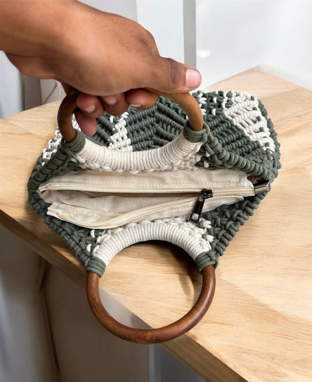 Green white Macrame Bag With Wooden Handle