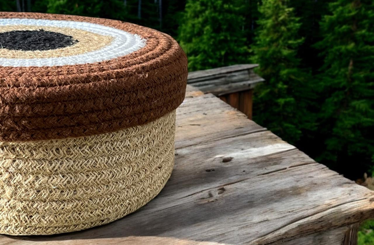 Round Cotton Jute Basket with Brown Lid by Yubi Sora