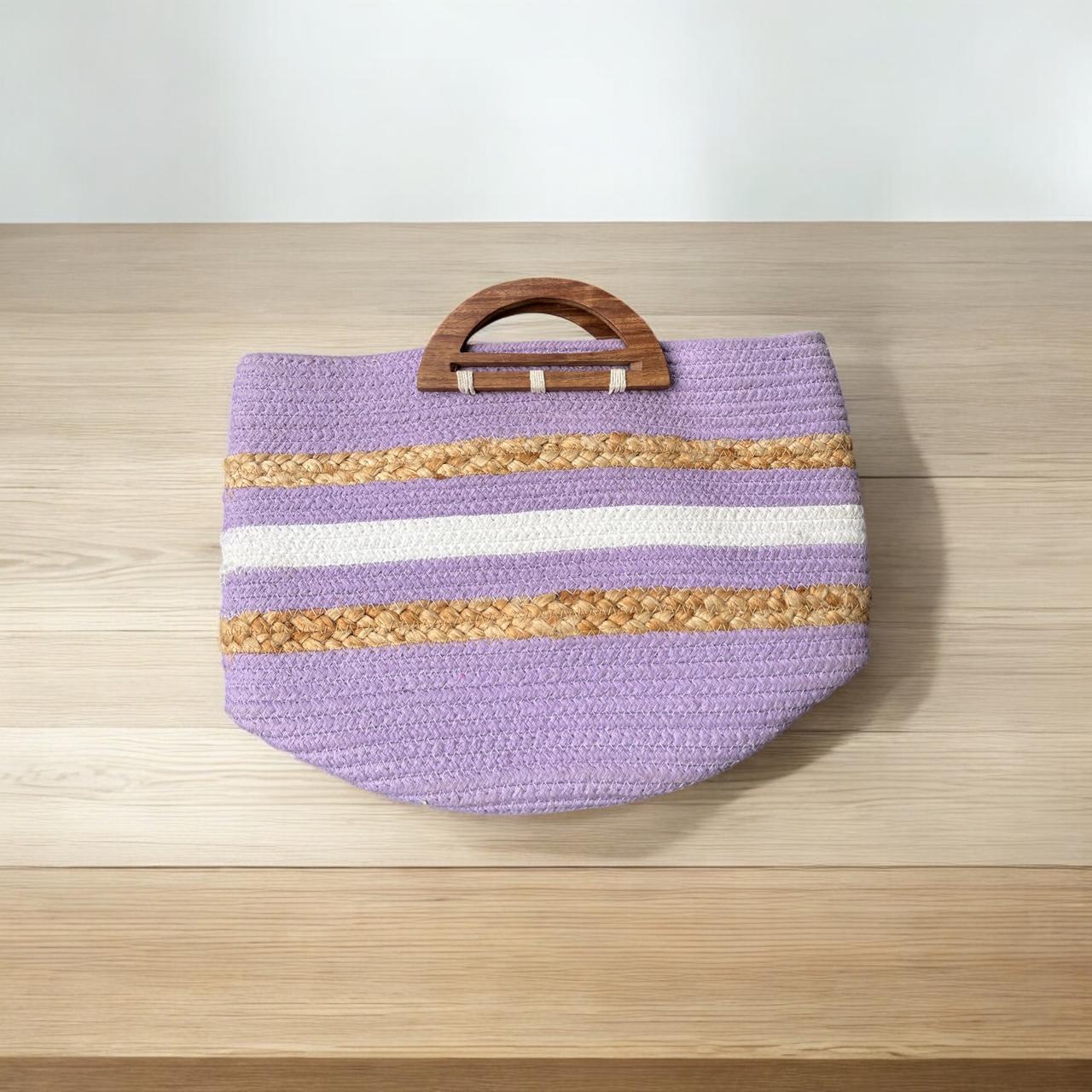 Purple Jute Bag with Wooden Handle