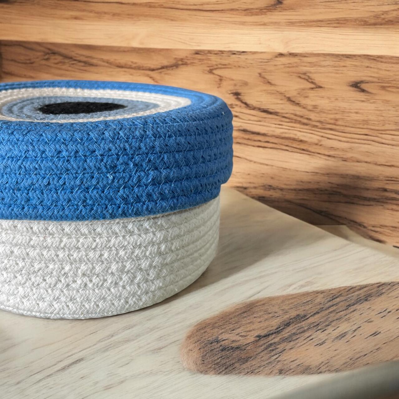 Round Cotton Jute Basket with Blue Lid by Yubi Sora