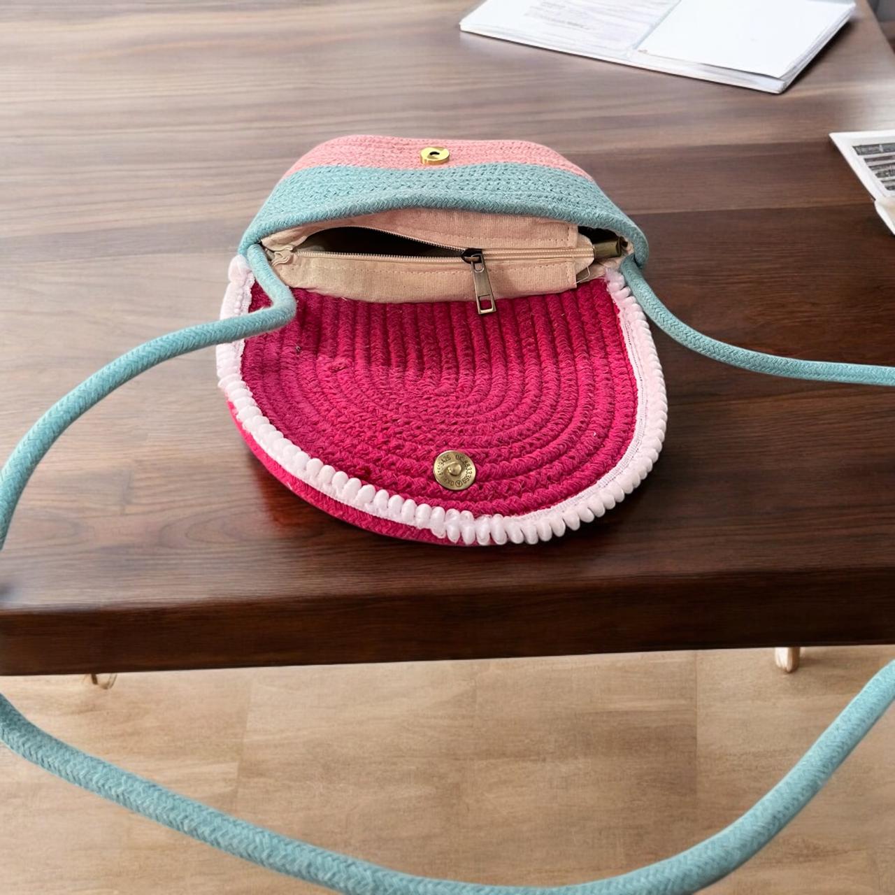 Cotton Rope Flap Bag Pink