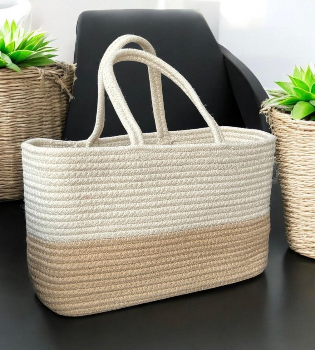 Off White Cotton Rectangle Basket With Handle