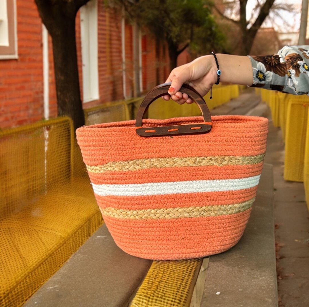 Orange Jute Bag with Wooden Handle