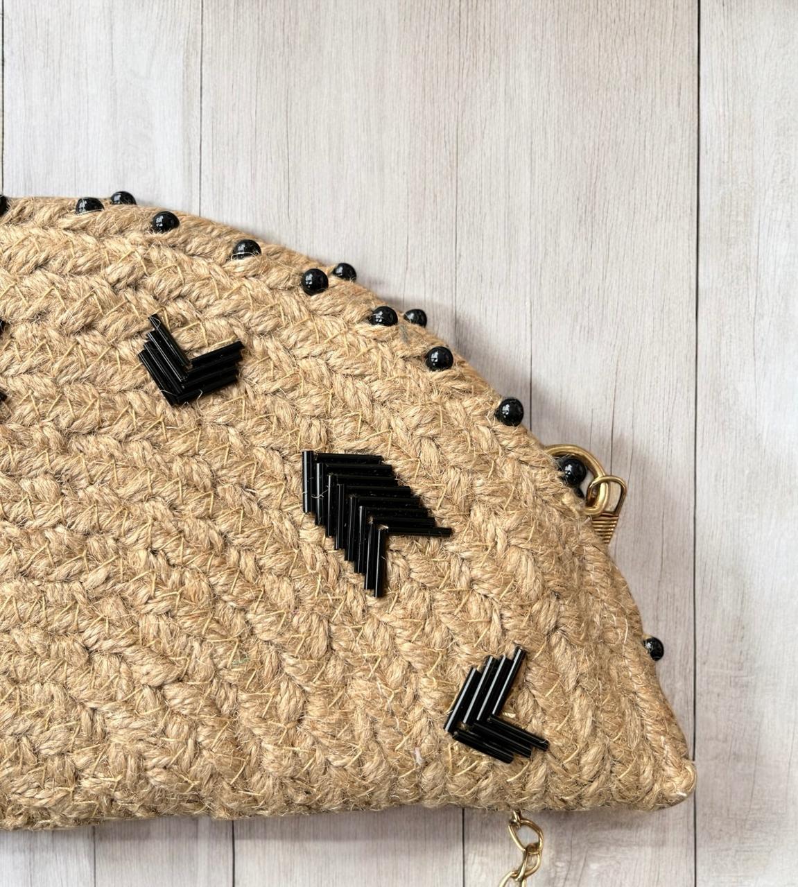 Black Motifs Jute Sling Clutch Bag Beige