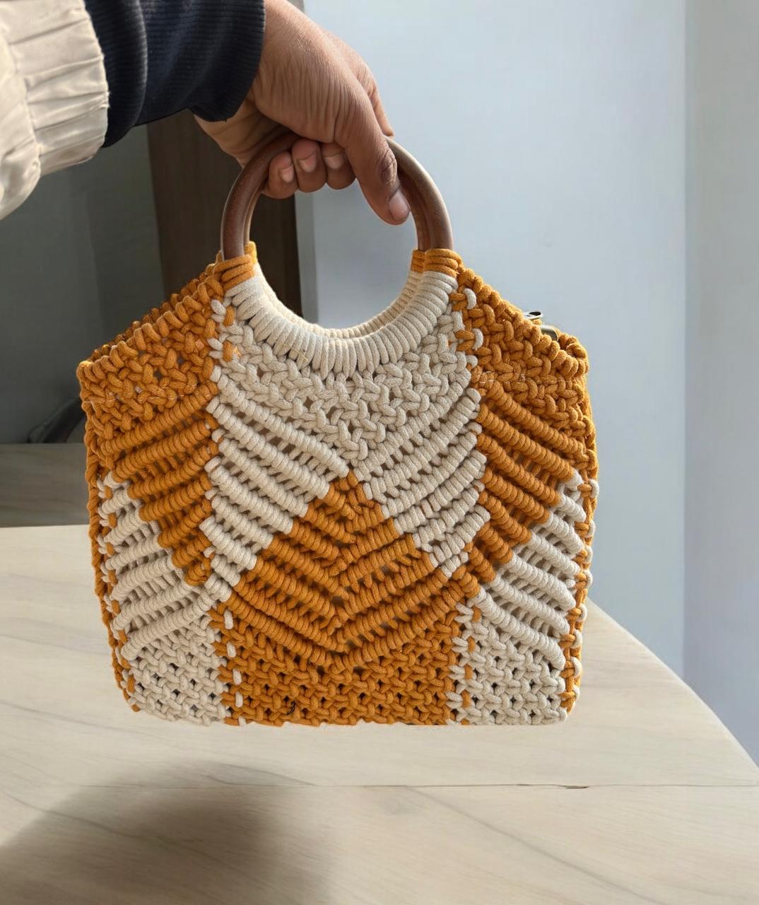 Macrame Bag Yellow With Wooden Handle