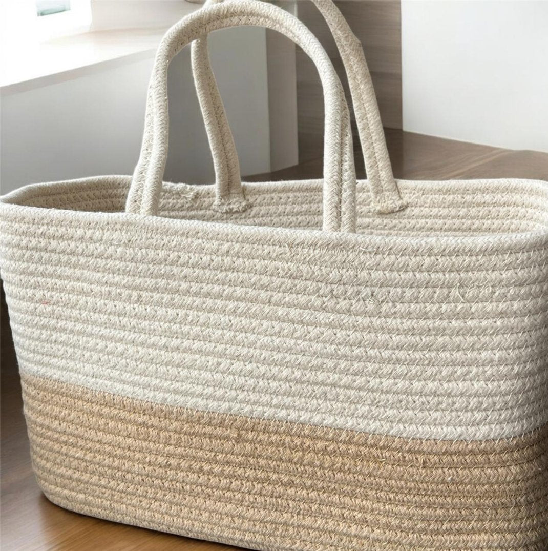 Off White Cotton Rectangle Basket With Handle