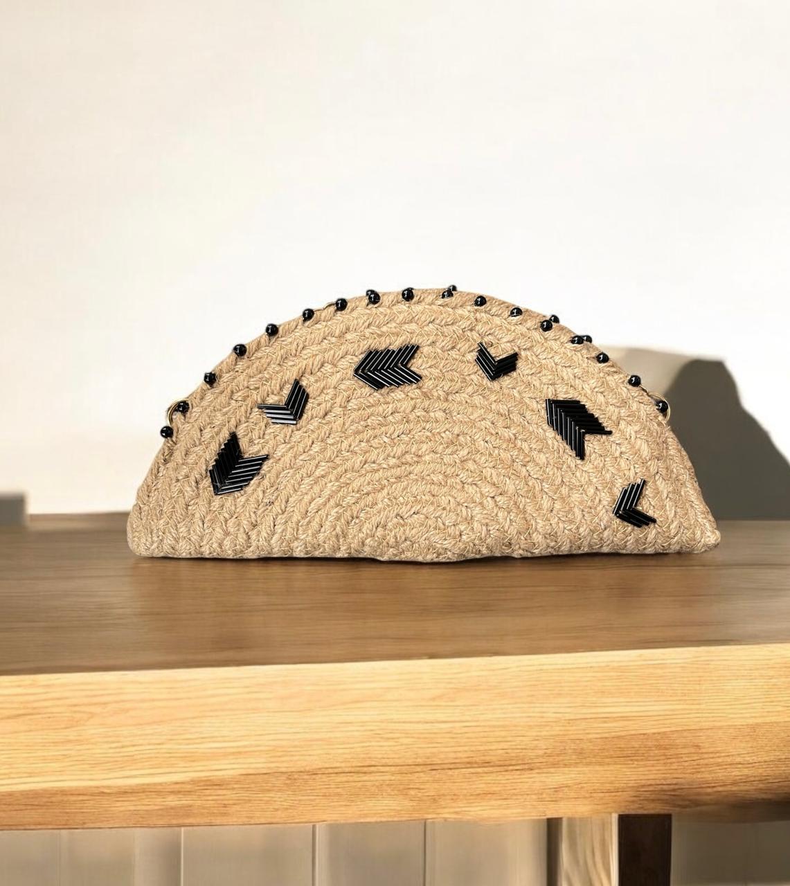 Black Motifs Jute Sling Clutch Bag Beige