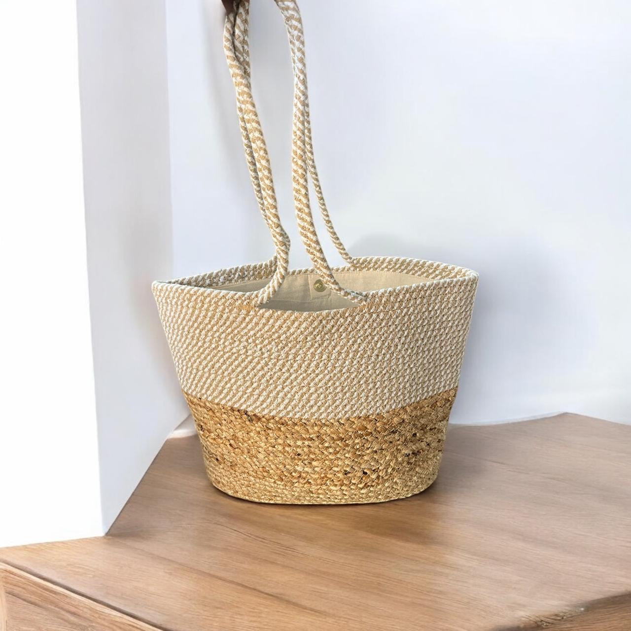 Beige Cotton Jute Bag with Handle by Yubi Sora