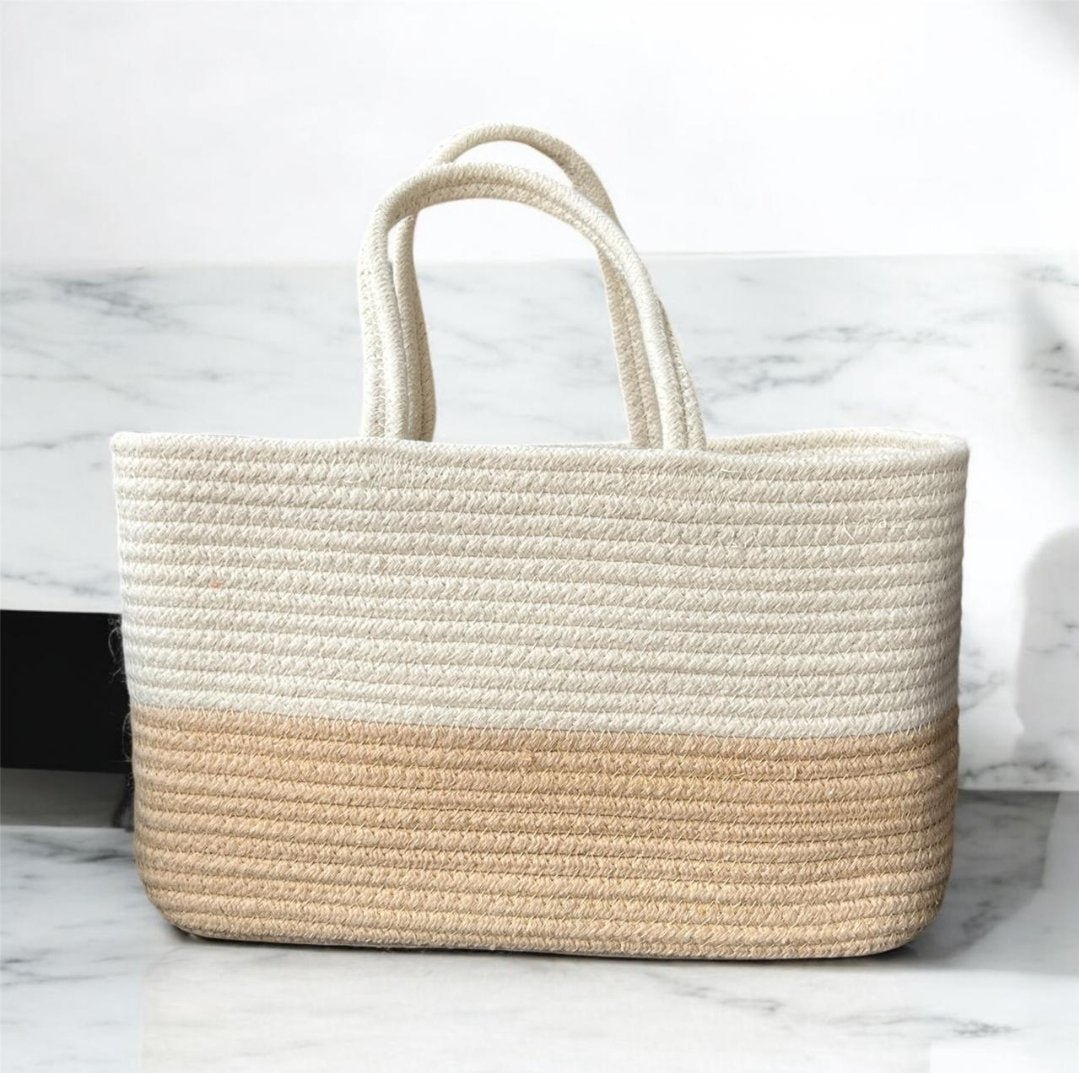 Off White Cotton Rectangle Basket With Handle