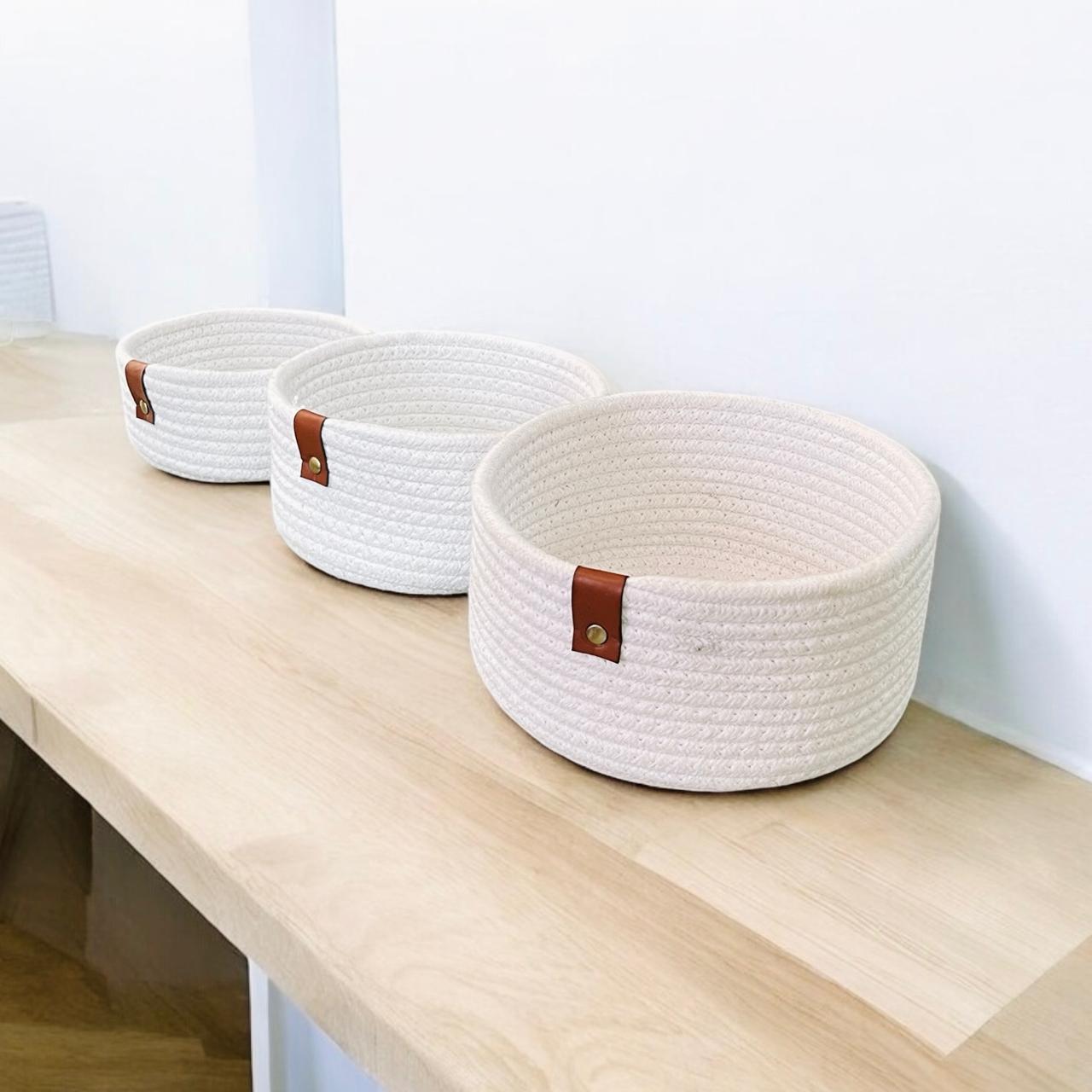 Yubi Sora Cotton Basket with Leather Tag Set of Three