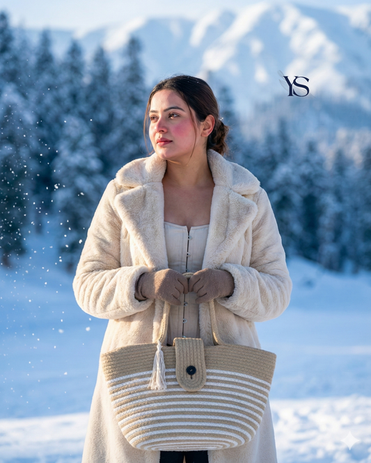 Beige White Striped Outdoors Bag with Bead Lock Set with Coin Purse and Pouch Set