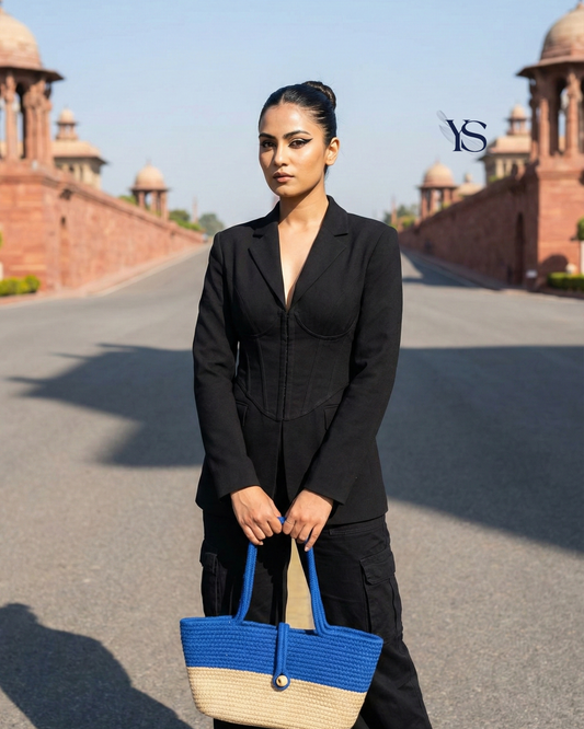 Blue Beige Striped Outdoors Bag with Bead Lock