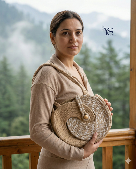 Beige and White Sea-Shell styled Rope Bag with Sling