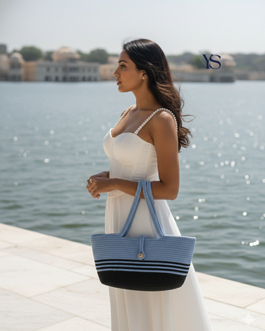 Blue Black Striped Outdoors Bag with Bead Lock