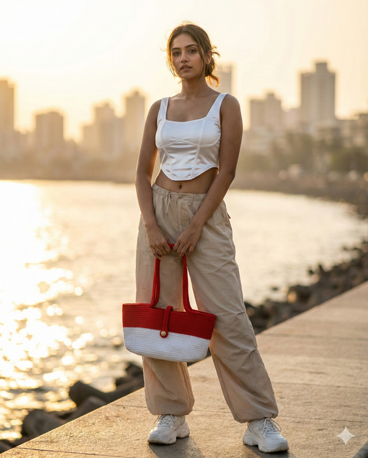 White Red Striped Outdoors Bag with Bead Lock