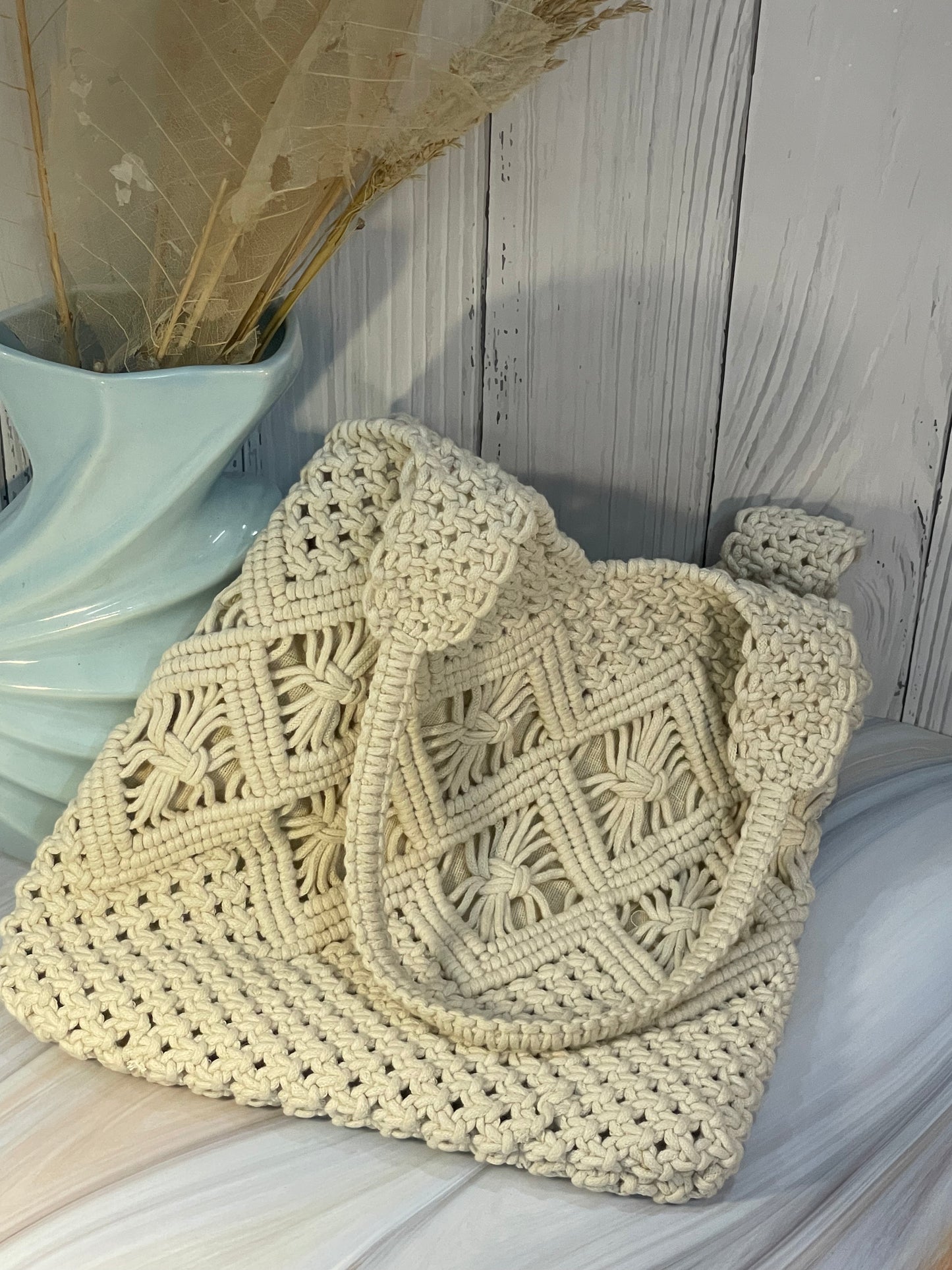 White Macrame Shoulder Bag with Beaded Slings