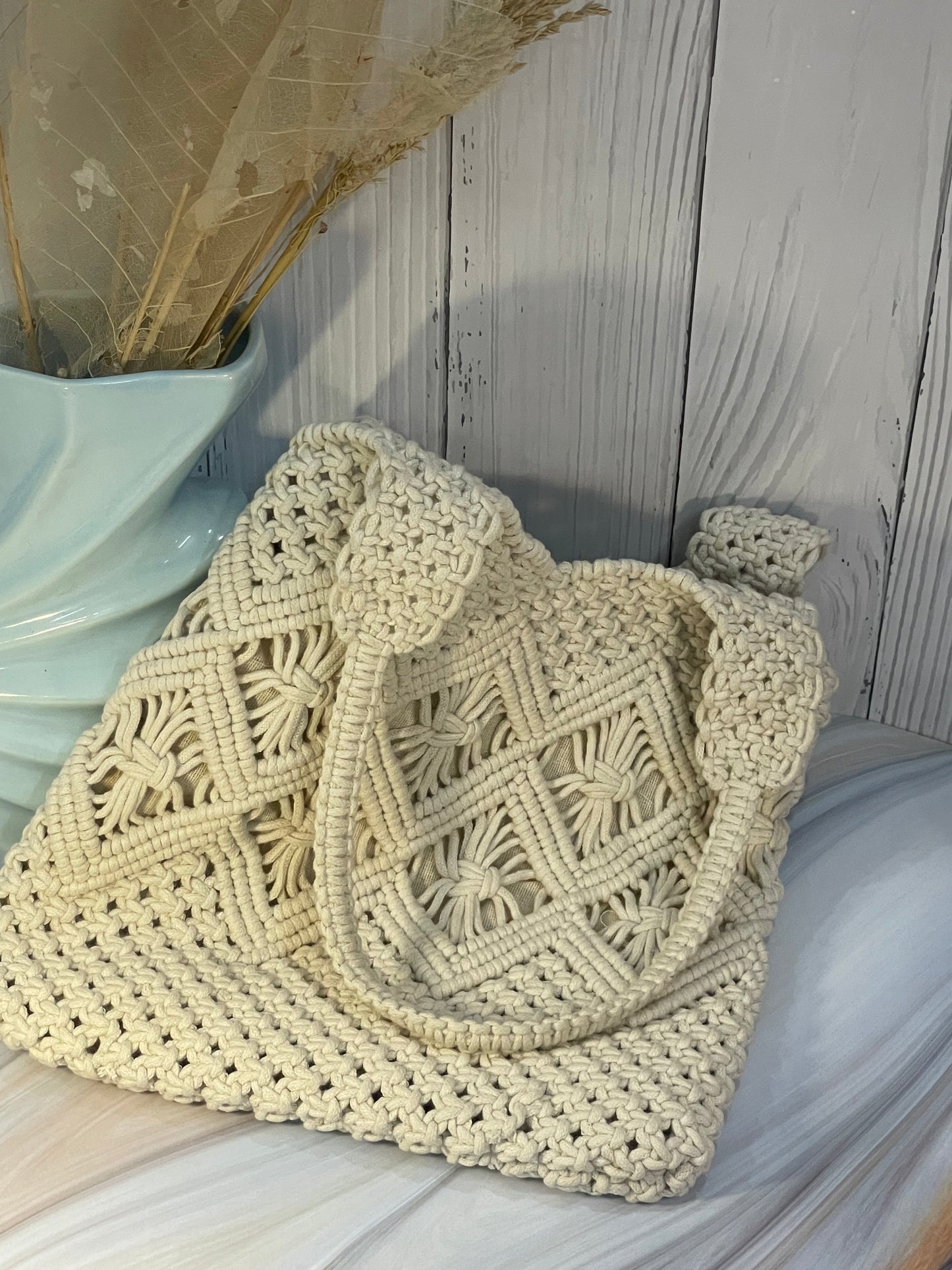 White Macrame Shoulder Bag with Beaded Slings