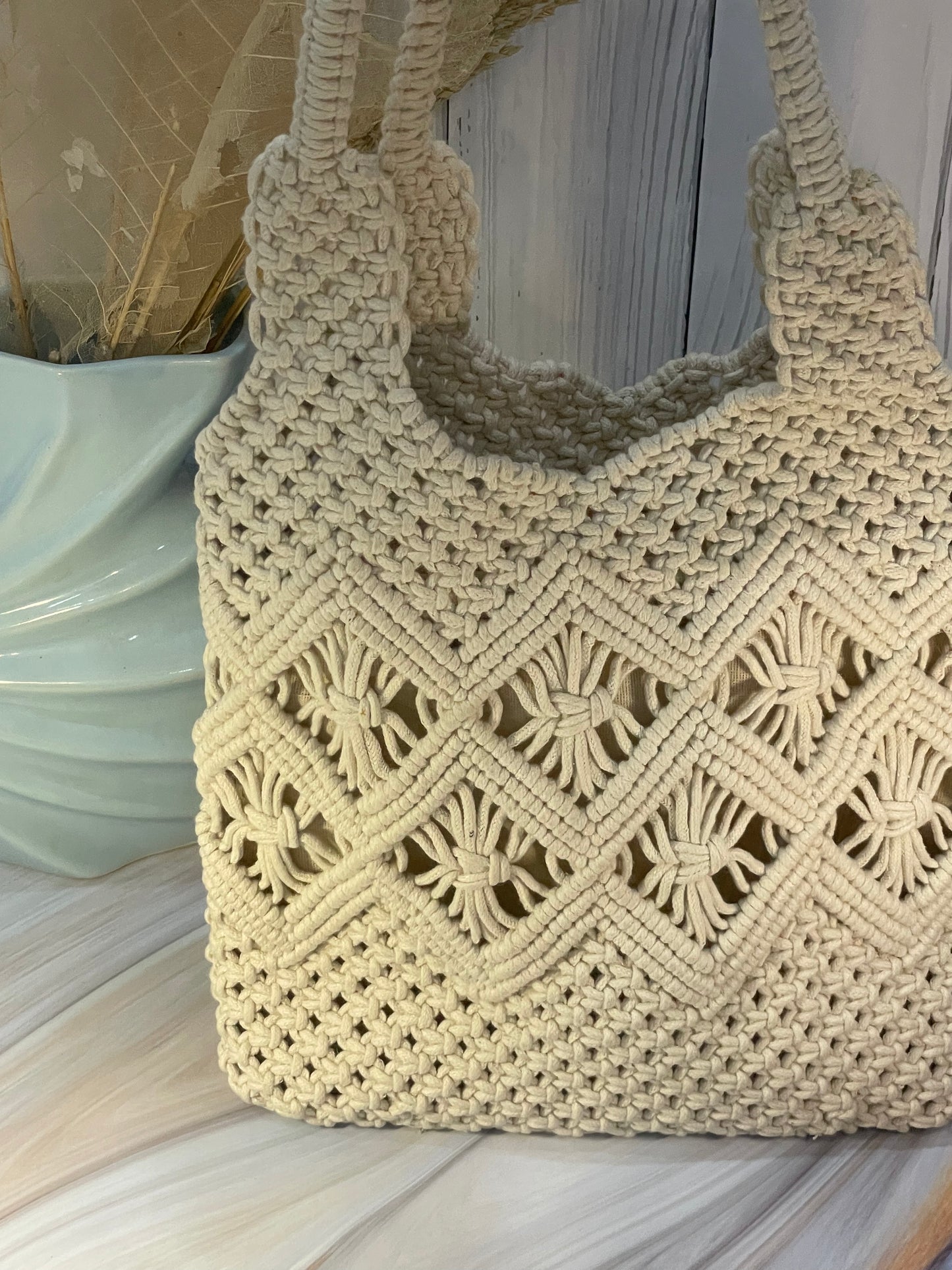 White Macrame Shoulder Bag with Beaded Slings