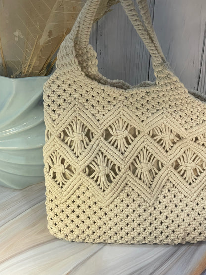 White Macrame Shoulder Bag with Beaded Slings