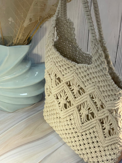 White Macrame Shoulder Bag with Beaded Slings