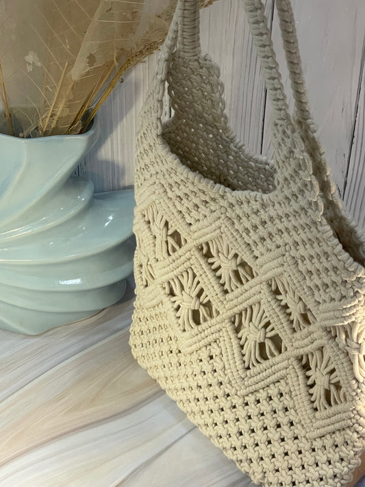 White Macrame Shoulder Bag with Beaded Slings