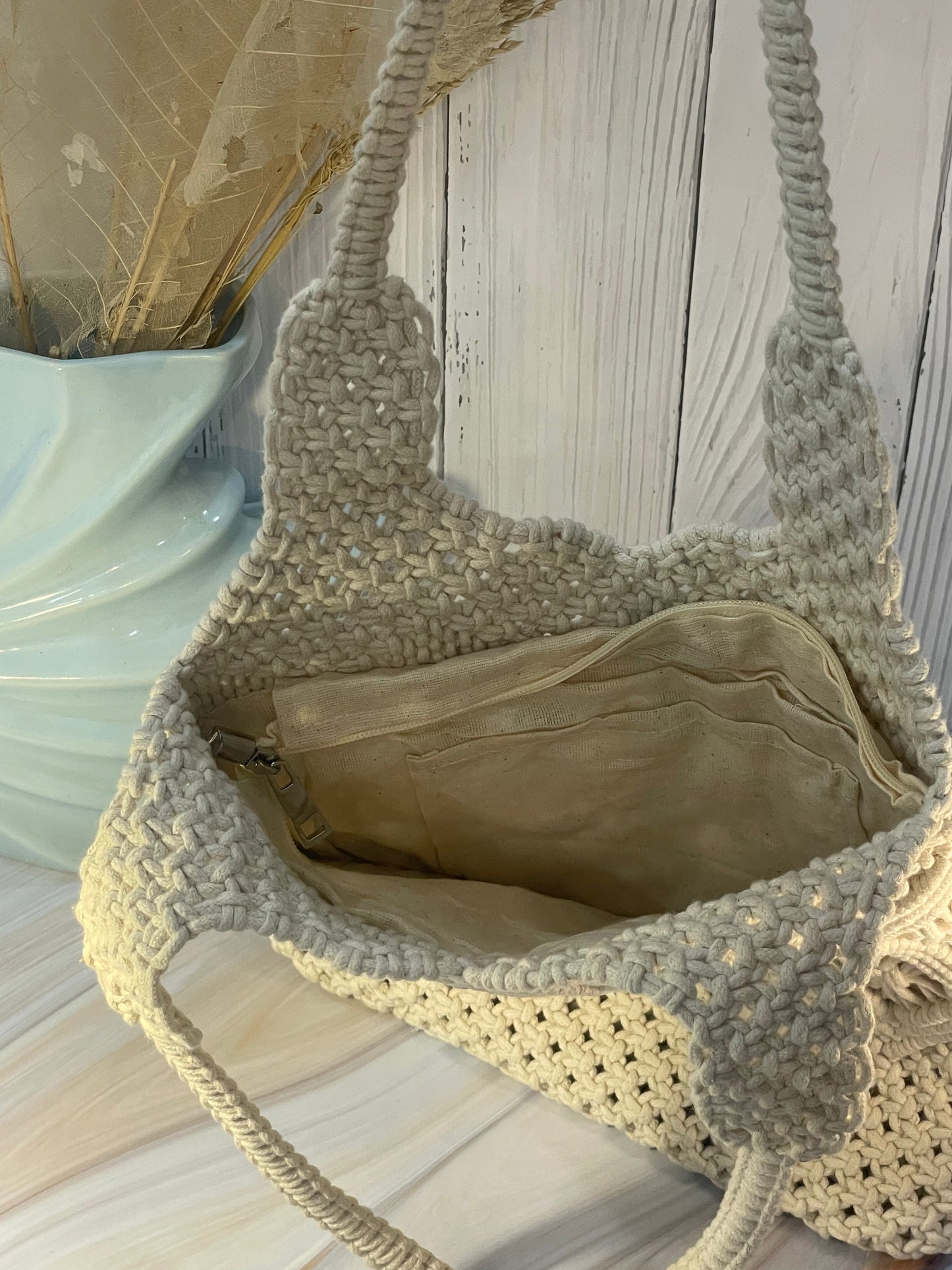 White Macrame Shoulder Bag with Beaded Slings