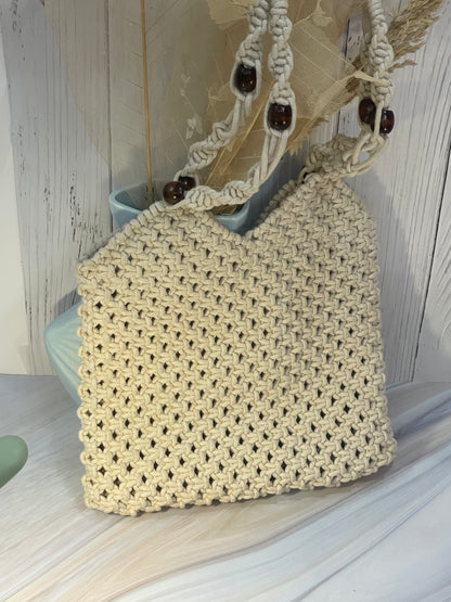 White Macrame Shoulder Bag with Beaded Slings