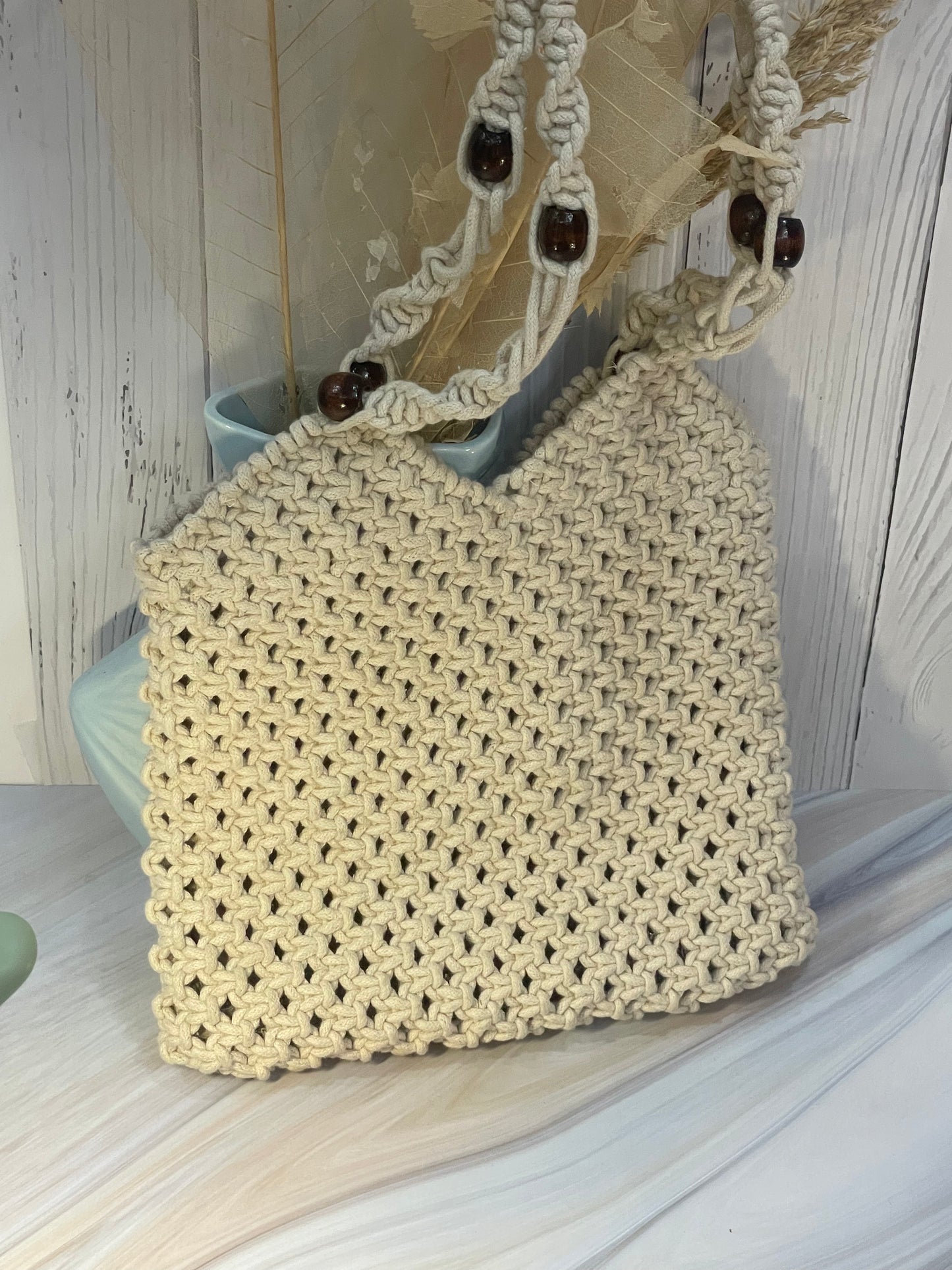 White Macrame Shoulder Bag with Beaded Slings