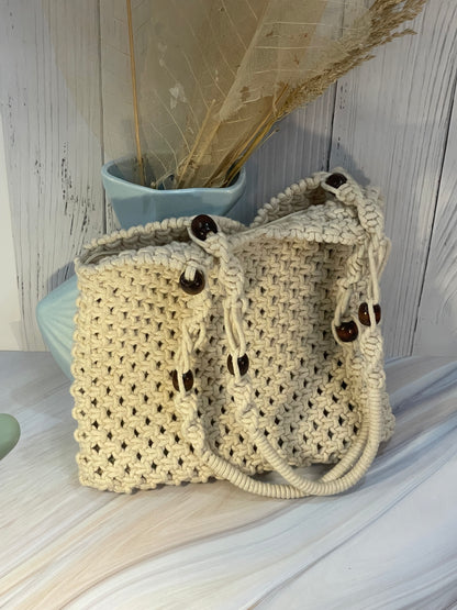 White Macrame Shoulder Bag with Beaded Slings